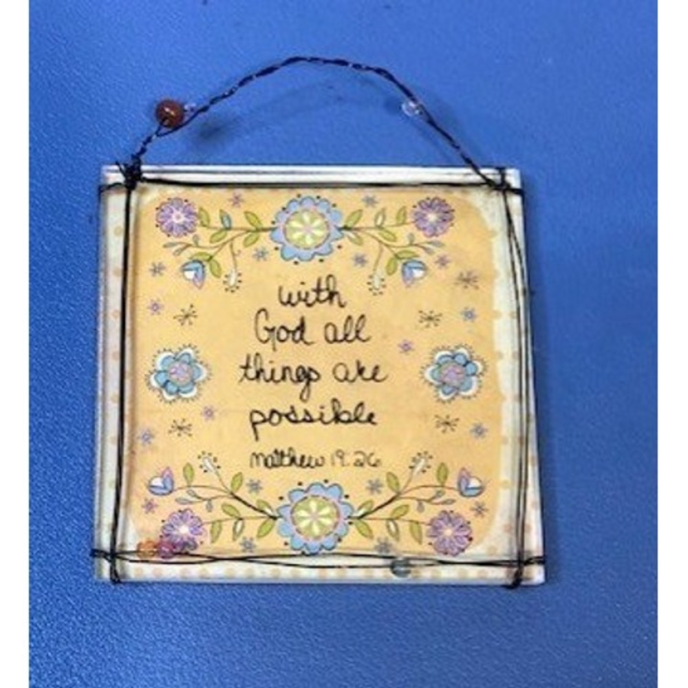 Natural Life Wall Art Yellow Good Matthew 19:26 Glass Wire Bead Decor